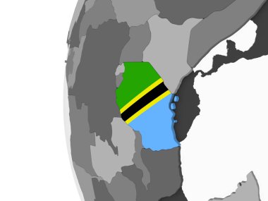 Tanzanya katıştırılmış bayrak ile gri siyasi dünya üzerinde. 3D çizim.