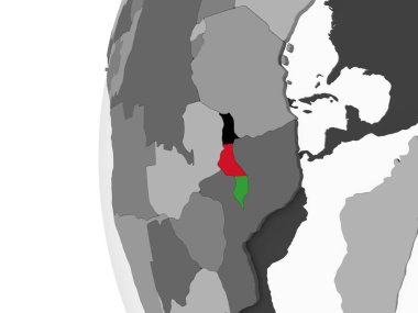 Malavi katıştırılmış bayrak ile gri siyasi dünya üzerinde. 3D çizim.