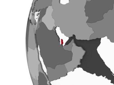 Katar katıştırılmış bayrak ile gri siyasi dünya üzerinde. 3D çizim.