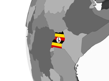 Uganda katıştırılmış bayrak ile gri siyasi dünya üzerinde. 3D çizim.