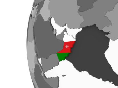 Umman katıştırılmış bayrak ile gri siyasi dünya üzerinde. 3D çizim.