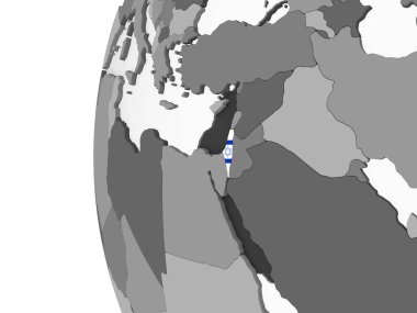 İsrail katıştırılmış bayrak ile gri siyasi dünya üzerinde. 3D çizim.