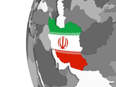 Iran katıştırılmış bayrak ile gri siyasi dünya üzerinde. 3D çizim.