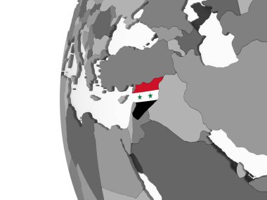 Suriye katıştırılmış bayrak ile gri siyasi dünya üzerinde. 3D çizim.