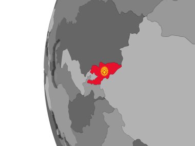 Kırgızistan katıştırılmış bayrak ile gri siyasi dünya üzerinde. 3D çizim.