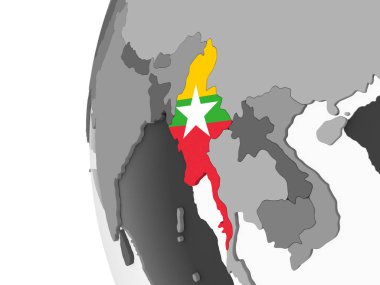 Myanmar katıştırılmış bayrak ile gri siyasi dünya üzerinde. 3D çizim.