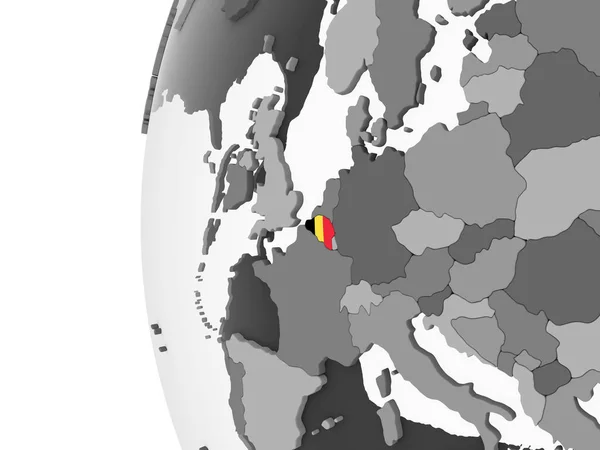 比利时在灰色政治地球与嵌入的旗子 — 图库照片