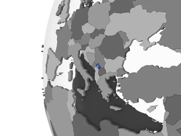 Kosovo on gray political globe with embedded flag. 3D illustration.