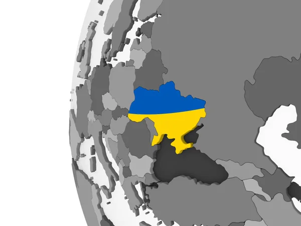 Ukraine on gray political globe with embedded flag. 3D illustration.