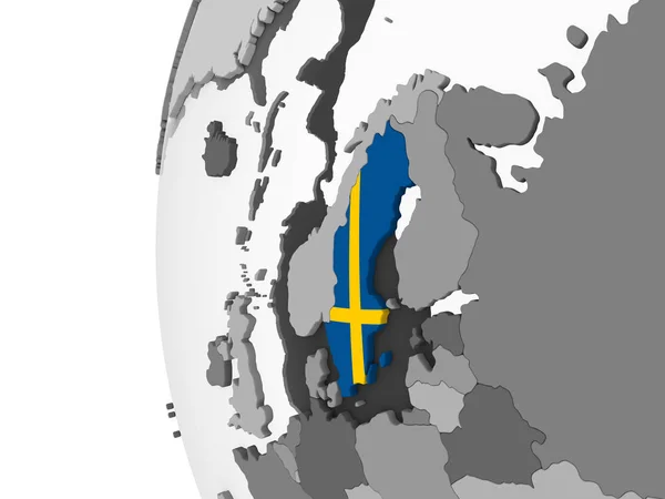 Sweden on gray political globe with embedded flag. 3D illustration.