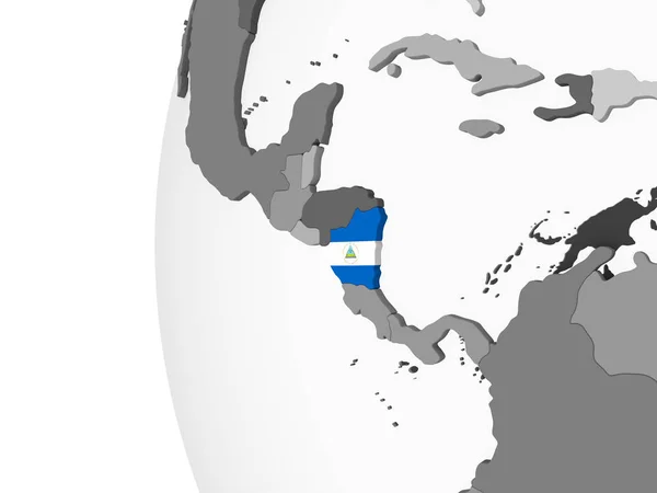 尼加拉瓜在灰色政治地球仪与嵌入的旗子 — 图库照片