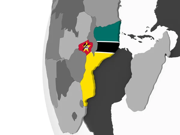 莫桑比克在灰色政治地球与嵌入的旗子 — 图库照片