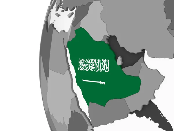 沙特阿拉伯在灰色政治地球与嵌入的旗子 — 图库照片