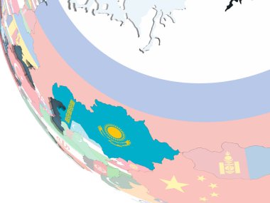 Kazakistan katıştırılmış bayrak ile parlak siyasi dünya üzerinde. 3D çizim.