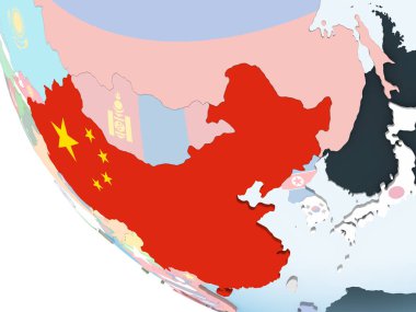 Çin katıştırılmış bayrak ile parlak siyasi dünya üzerinde. 3D çizim.