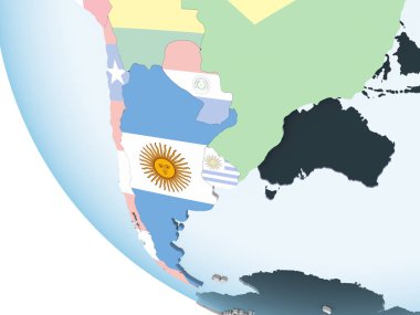 Arjantin katıştırılmış bayrak ile parlak siyasi dünya üzerinde. 3D çizim.