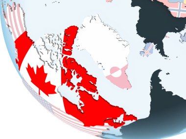 Kanada katıştırılmış bayrak ile parlak siyasi dünya üzerinde. 3D çizim.