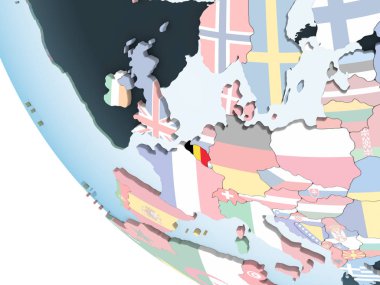 Belçika katıştırılmış bayrak ile parlak siyasi dünya üzerinde. 3D çizim.