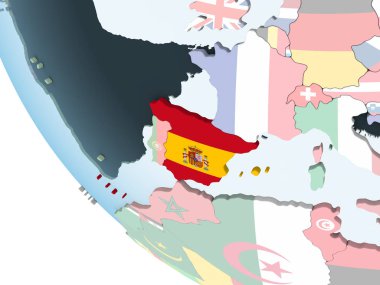 İspanya katıştırılmış bayrak ile parlak siyasi dünya üzerinde. 3D çizim.