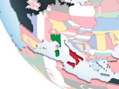 İtalya katıştırılmış bayrak ile parlak siyasi dünya üzerinde. 3D çizim.