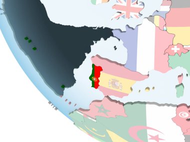 Portekiz katıştırılmış bayrak ile parlak siyasi dünya üzerinde. 3D çizim.