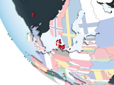 Danimarka katıştırılmış bayrak ile parlak siyasi dünya üzerinde. 3D çizim.
