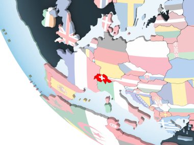 İsviçre katıştırılmış bayrak ile parlak siyasi dünya üzerinde. 3D çizim.