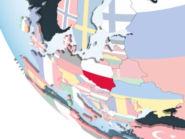 Polonya katıştırılmış bayrak ile parlak siyasi dünya üzerinde. 3D çizim.
