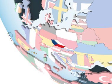 Çek Cumhuriyeti katıştırılmış bayrak ile parlak siyasi dünya üzerinde. 3D çizim.