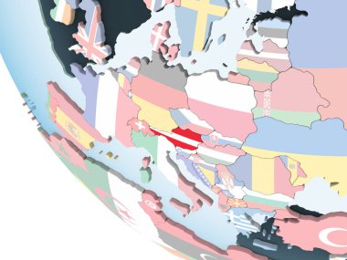 Avusturya katıştırılmış bayrak ile parlak siyasi dünya üzerinde. 3D çizim.