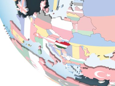 Macaristan katıştırılmış bayrak ile parlak siyasi dünya üzerinde. 3D çizim.