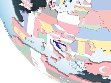 Hırvatistan katıştırılmış bayrak ile parlak siyasi dünya üzerinde. 3D çizim.