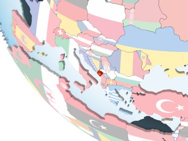 Karadağ katıştırılmış bayrak ile parlak siyasi dünya üzerinde. 3D çizim.