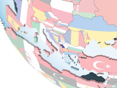 Kosova katıştırılmış bayrak ile parlak siyasi dünya üzerinde. 3D çizim.