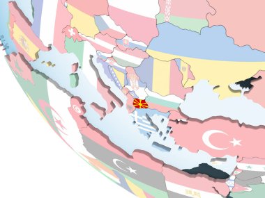 Makedonya katıştırılmış bayrak ile parlak siyasi dünya üzerinde. 3D çizim.