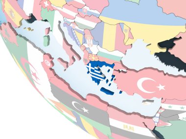 Yunanistan katıştırılmış bayrak ile parlak siyasi dünya üzerinde. 3D çizim.