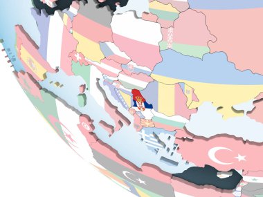 Sırbistan katıştırılmış bayrak ile parlak siyasi dünya üzerinde. 3D çizim.