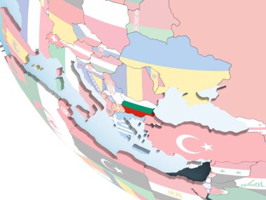 Bulgaristan katıştırılmış bayrak ile parlak siyasi dünya üzerinde. 3D çizim.