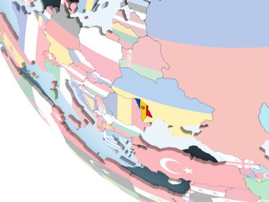 Moldova katıştırılmış bayrak ile parlak siyasi dünya üzerinde. 3D çizim.