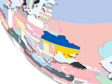 Ukrayna katıştırılmış bayrak ile parlak siyasi dünya üzerinde. 3D çizim.