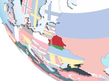 Beyaz Rusya katıştırılmış bayrak ile parlak siyasi dünya üzerinde. 3D çizim.