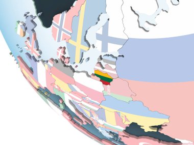 Litvanya katıştırılmış bayrak ile parlak siyasi dünya üzerinde. 3D çizim.