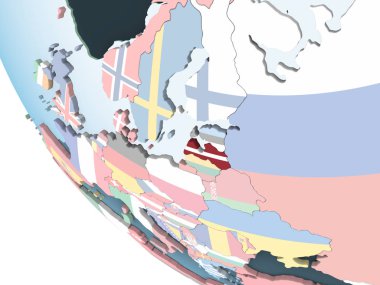 Letonya katıştırılmış bayrak ile parlak siyasi dünya üzerinde. 3D çizim.