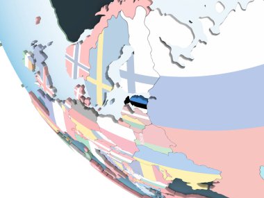 Estonya katıştırılmış bayrak ile parlak siyasi dünya üzerinde. 3D çizim.