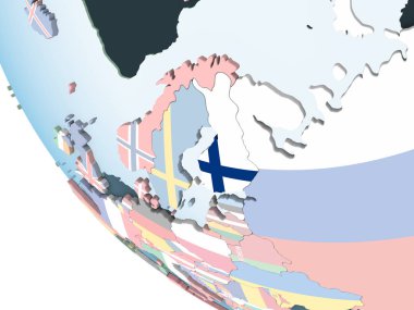 Finlandiya katıştırılmış bayrak ile parlak siyasi dünya üzerinde. 3D çizim.