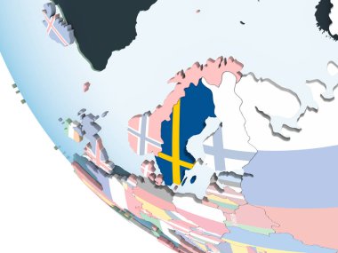 İsveç katıştırılmış bayrak ile parlak siyasi dünya üzerinde. 3D çizim.