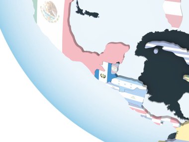 Guatemala katıştırılmış bayrak ile parlak siyasi dünya üzerinde. 3D çizim.