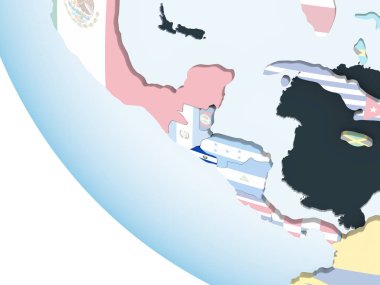 El Salvador katıştırılmış bayrak ile parlak siyasi dünya üzerinde. 3D çizim.
