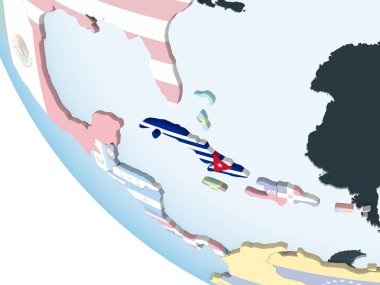 Küba katıştırılmış bayrak ile parlak siyasi dünya üzerinde. 3D çizim.