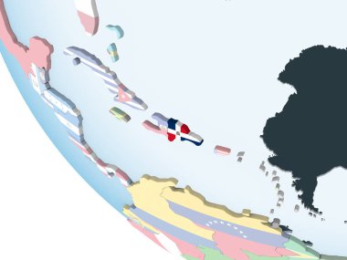 Dominik Cumhuriyeti katıştırılmış bayrak ile parlak siyasi dünya üzerinde. 3D çizim.